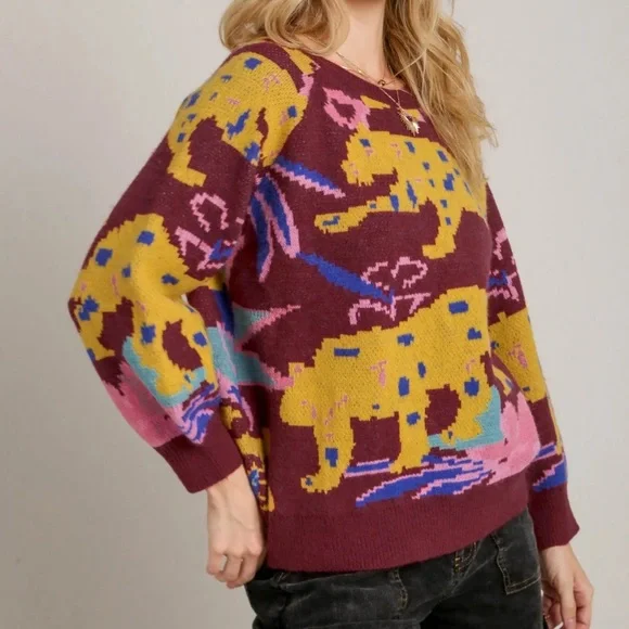 Umgee Women's Burgundy and Yellow Animal Print Sweater - Picture 3 of 5